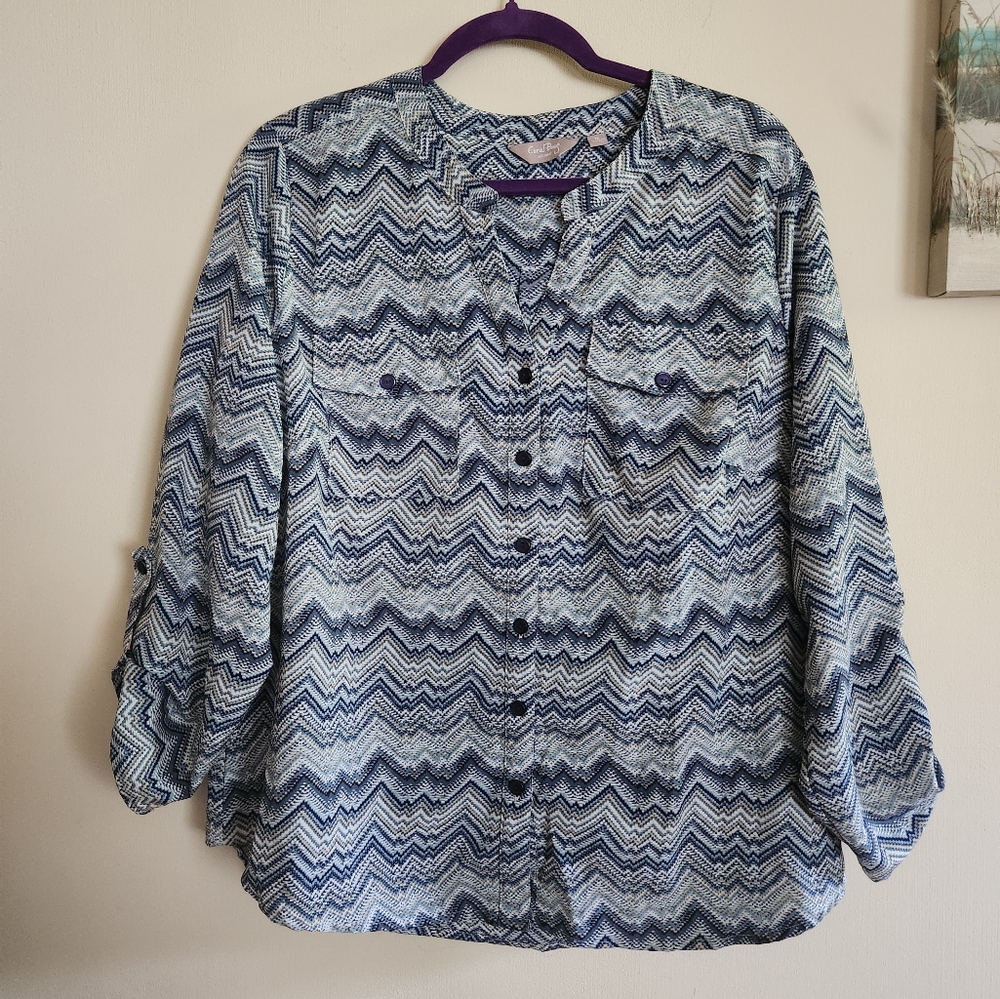 Coral Bay plus size roll tab sleeve top blues 1X